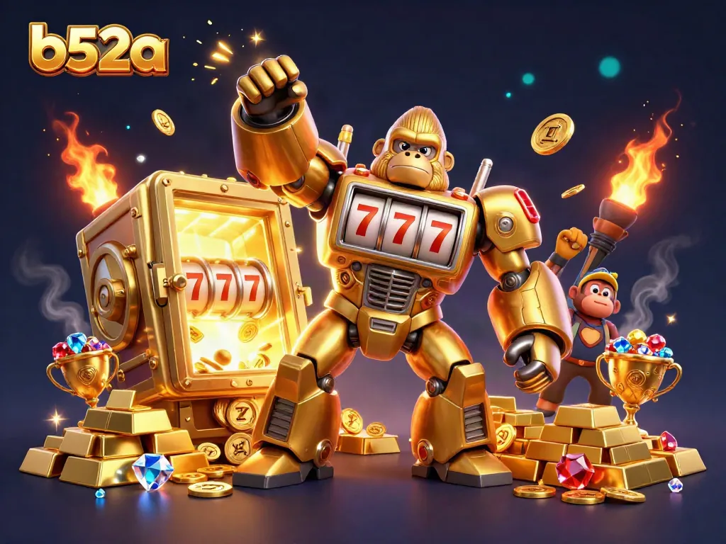 Experience high-energy gaming with b52a in a dynamic casino-themed illustration featuring vibrant golden elements and a mechanical gorilla.