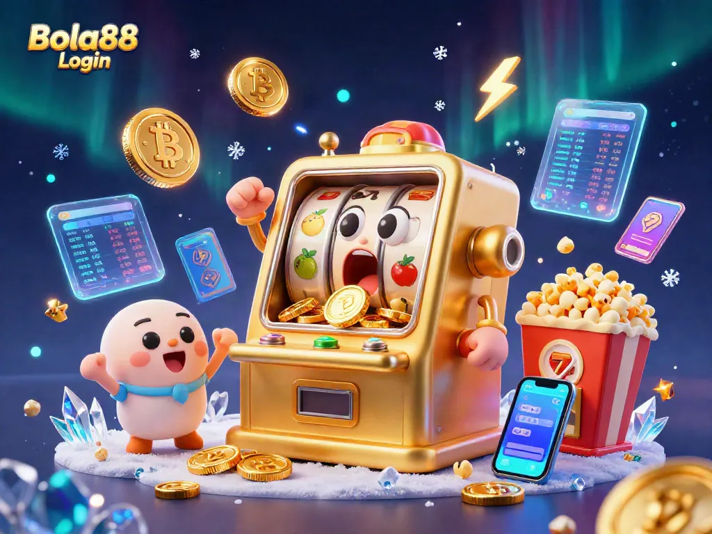 Bola88 Login: Experience excitement as the animated golden slot machine wins a jackpot amidst vibrant casino elements.