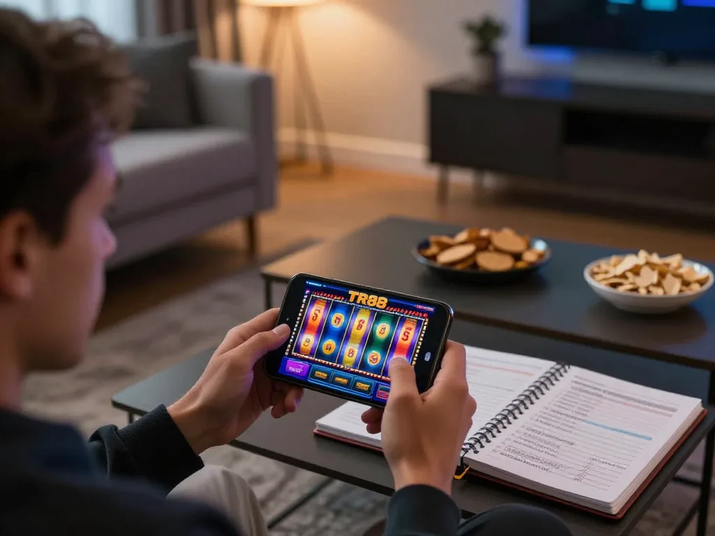 Player engaging with the TR88 app while enjoying a cozy home gaming environment.