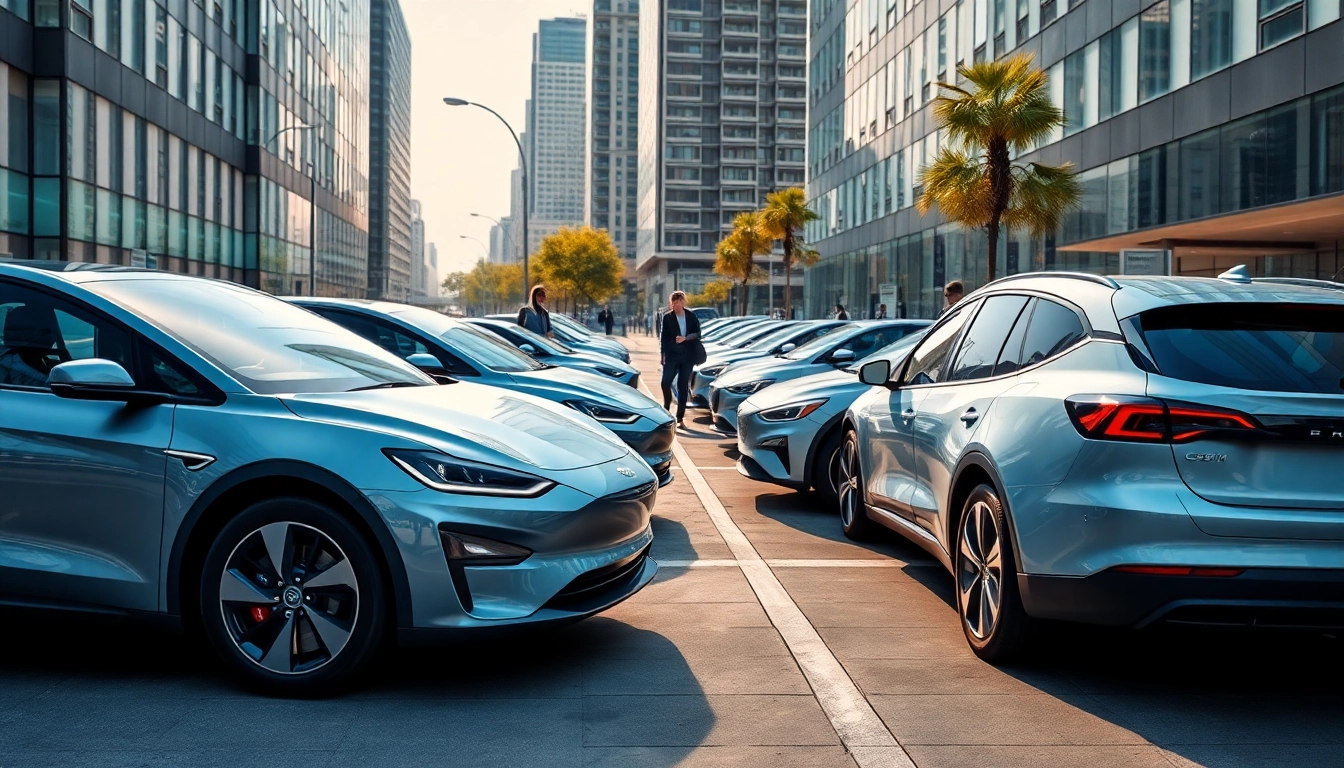 Elektroautos laden an modernen Ladestationen in einer urbanen Umgebung.