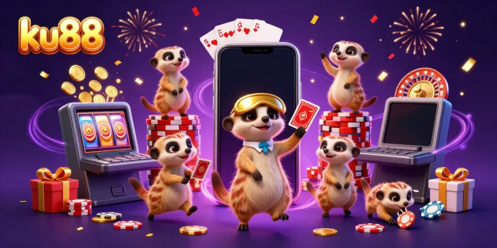 ku88 casino meerkats managing games, chips, and vibrant celebrations.