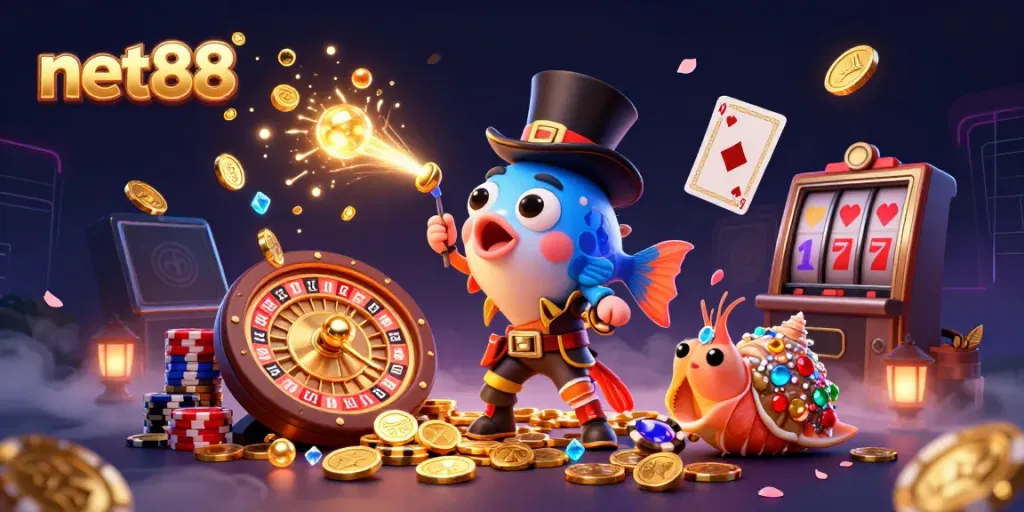 Experience the excitement of net88 with vibrant character action in a detailed casino scene.