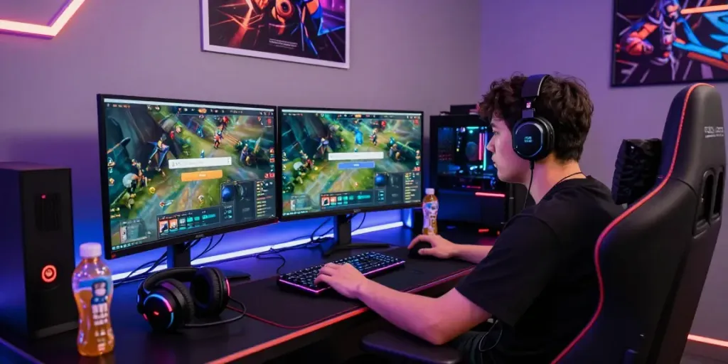 Exciting ROKOK88 login scene showcasing a professional gamer immersed in gameplay, vibrant gaming setup and dynamic atmosphere.