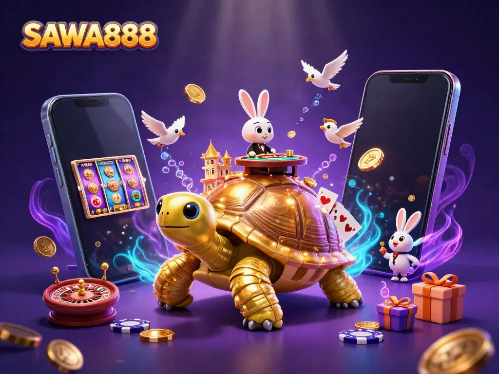 Experience the vibrant world of SAWA888 with a golden tortoise casino featuring dynamic slot games and a rabbit dealer.