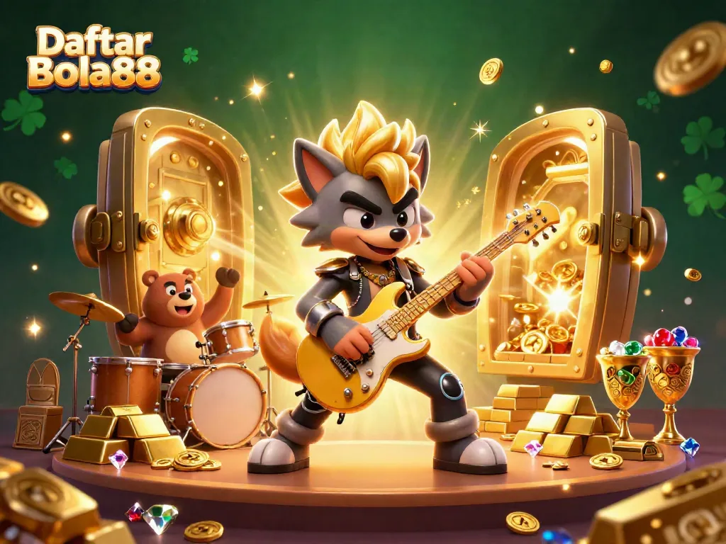 Experience the thrill of Daftar Bola88 with vibrant characters and treasures in a dynamic casino scene.