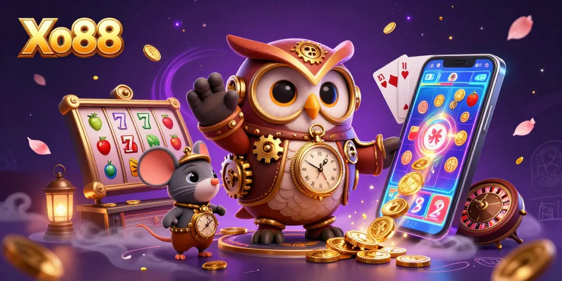 Xo88 captivates with a vibrant 3D illustration featuring an owl, clockwork mouse, and slot games.