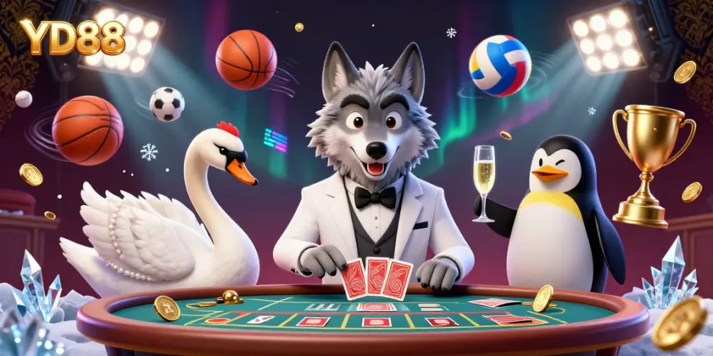 Experience the thrill of YD88 with a vibrant casino scene featuring unique characters at a baccarat table.