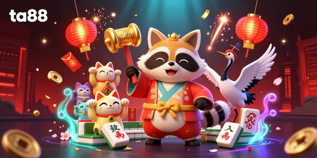 Engage with TA88's vibrant gambling atmosphere featuring a cheerful raccoon and lucky fortune cats.