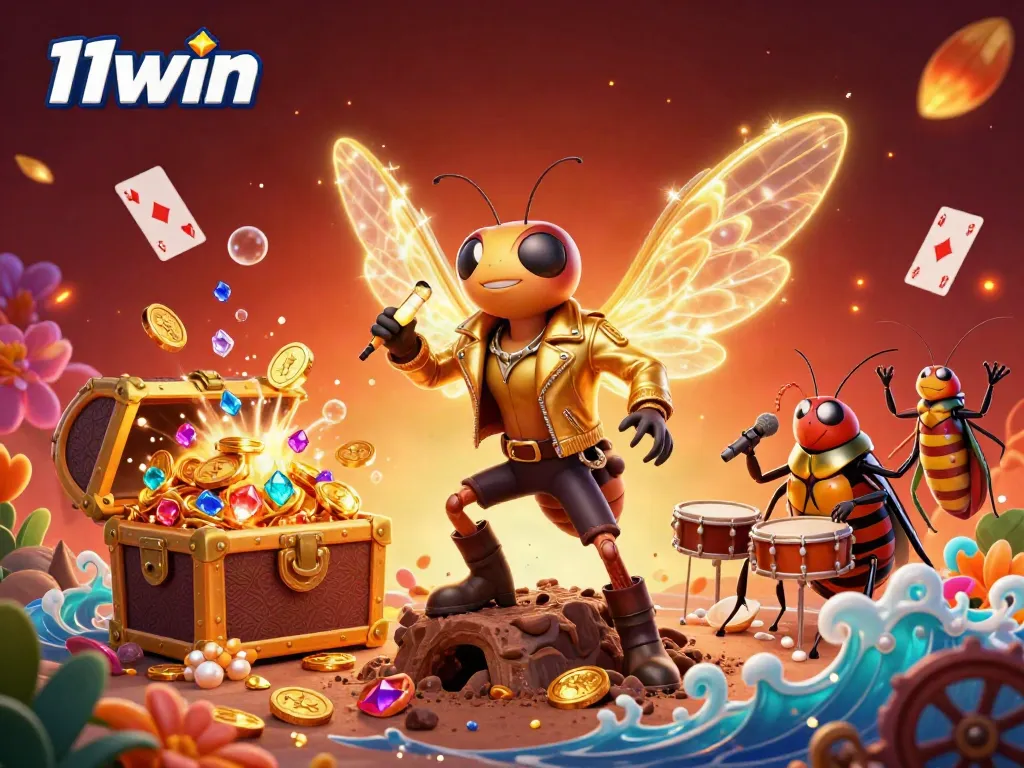 Celebrate victories at 11win with a dynamic scene featuring a cicada rock star and vibrant game elements.