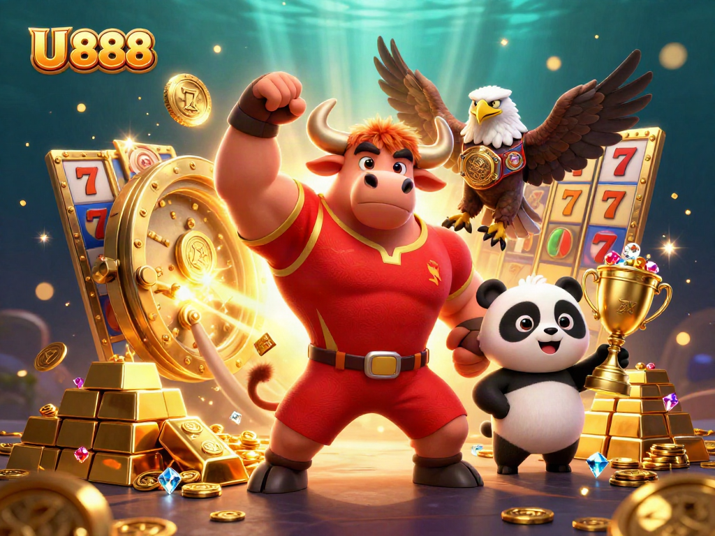 Spin the reels at U 888 with dynamic casino characters amidst treasures and excitement.