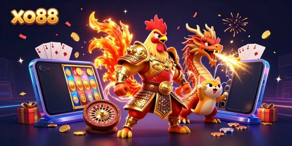 Experience the thrilling world of xo88 with an action-packed illustration featuring an armored rooster warrior, dragon, and vibrant gaming elements.