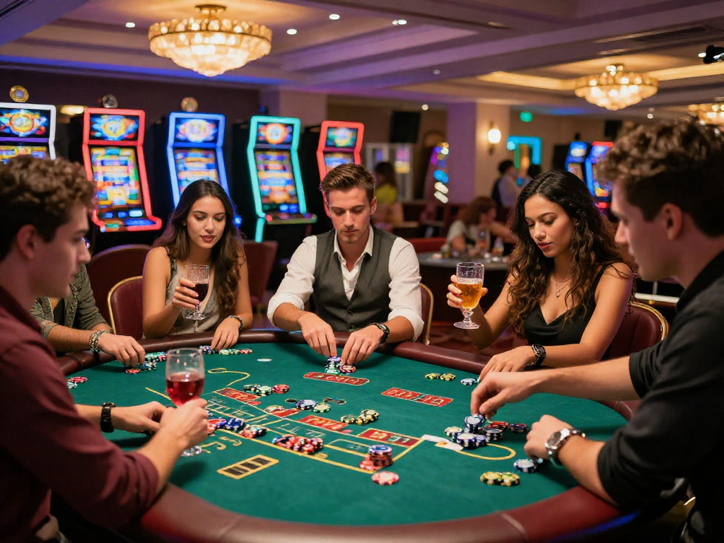 Exciting group at vin888 gaming table in vibrant casino, showcasing thrilling baccarat atmosphere.