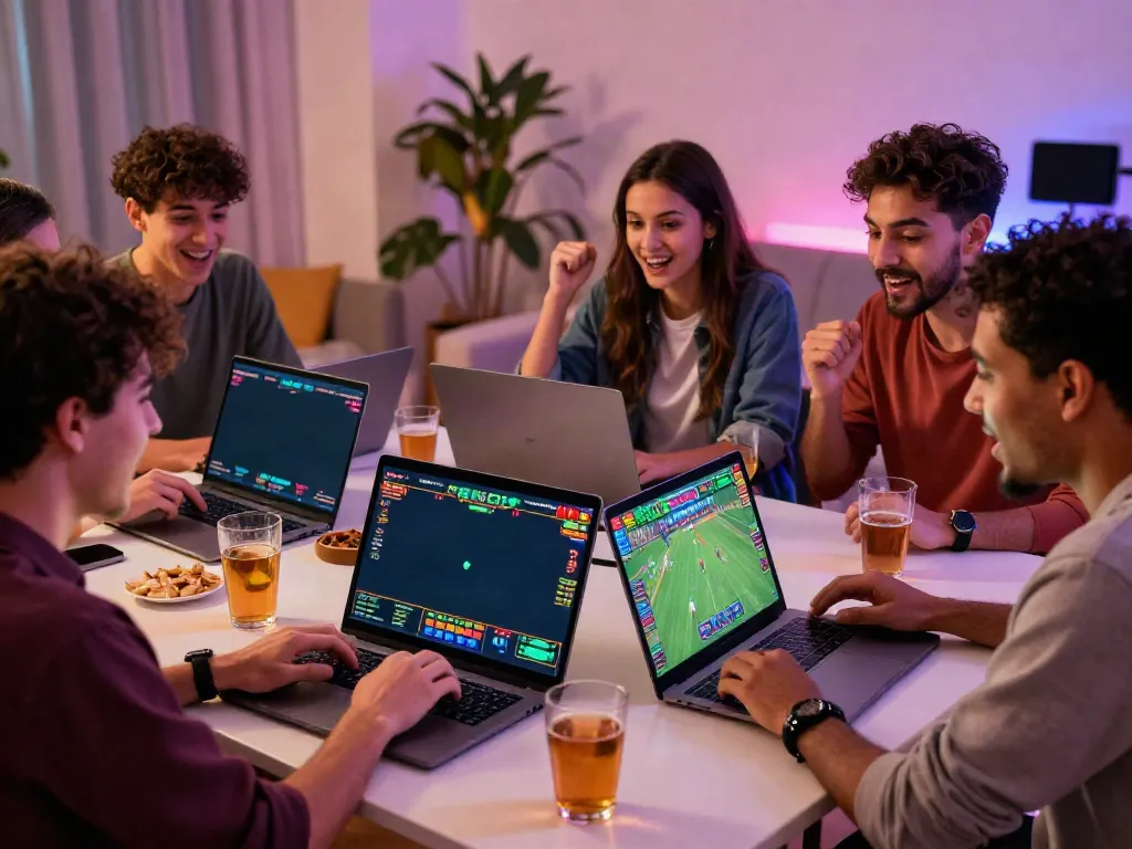 Friends engaging in online betting on Alternatif Bola88 during a sports event.