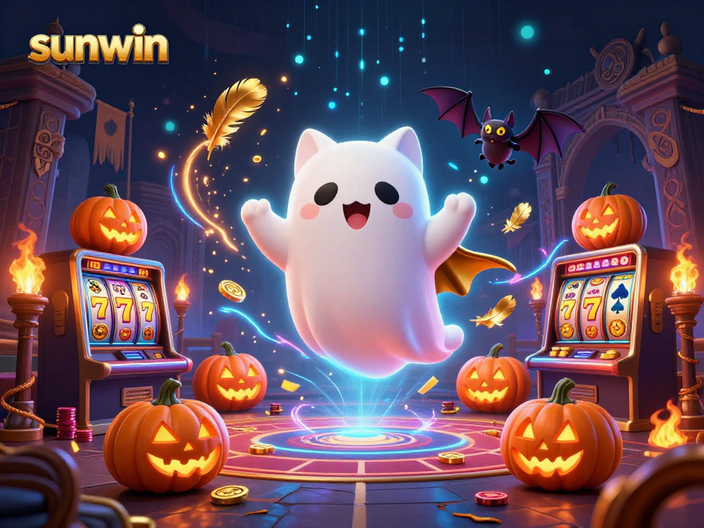 Experience gaming magic with sunwin among glowing jack-o-lanterns and a friendly ghost cat.