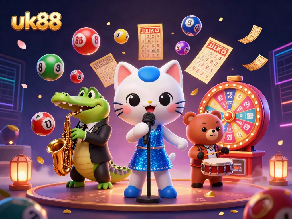 Join the lively scene at uk88 with a jazzy cat, crocodile, and bear cub in a vibrant casino setting.