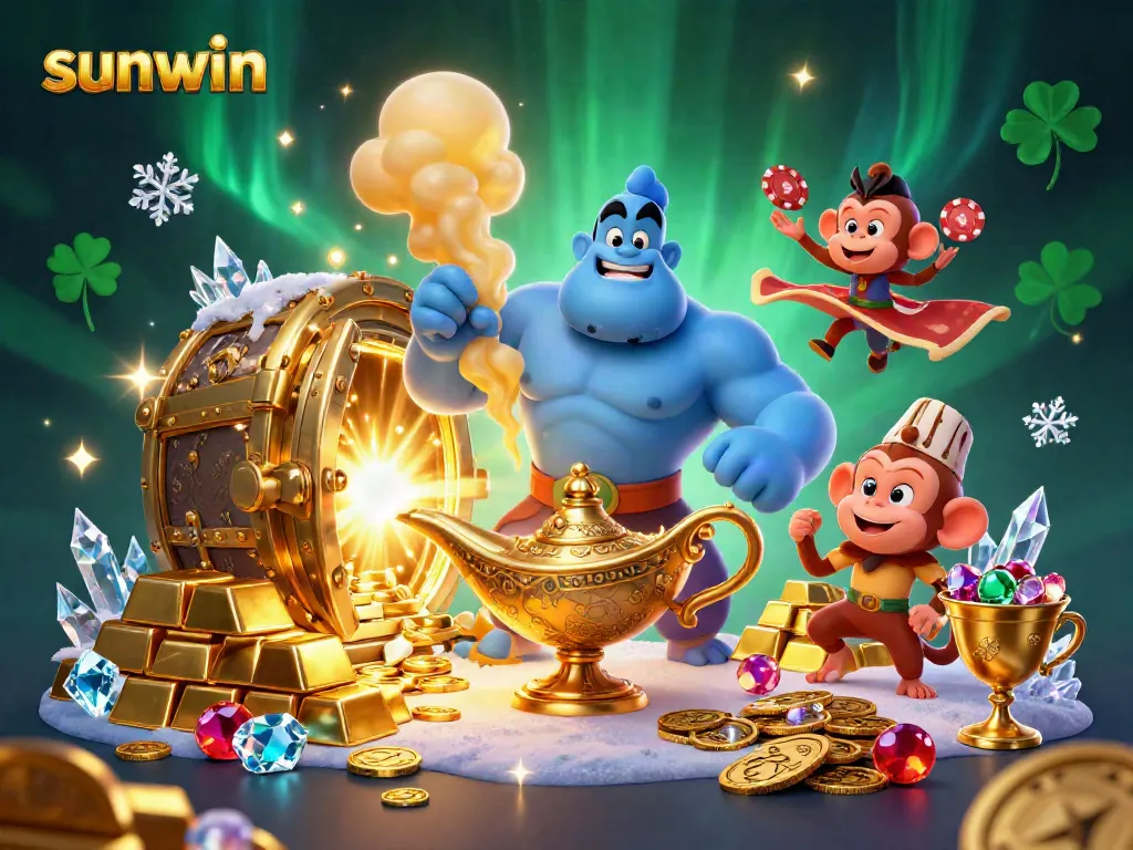 Experience thrilling wins with Sunwin in this vibrant, action-packed casino adventure illustration.