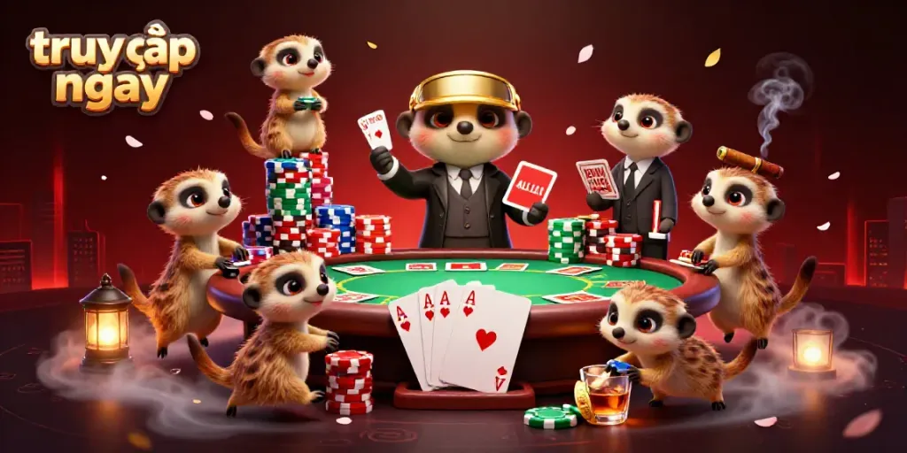 Experience the excitement of a vibrant meerkat casino scene as they play cards and manage chips, truy cập ngay for gaming action.