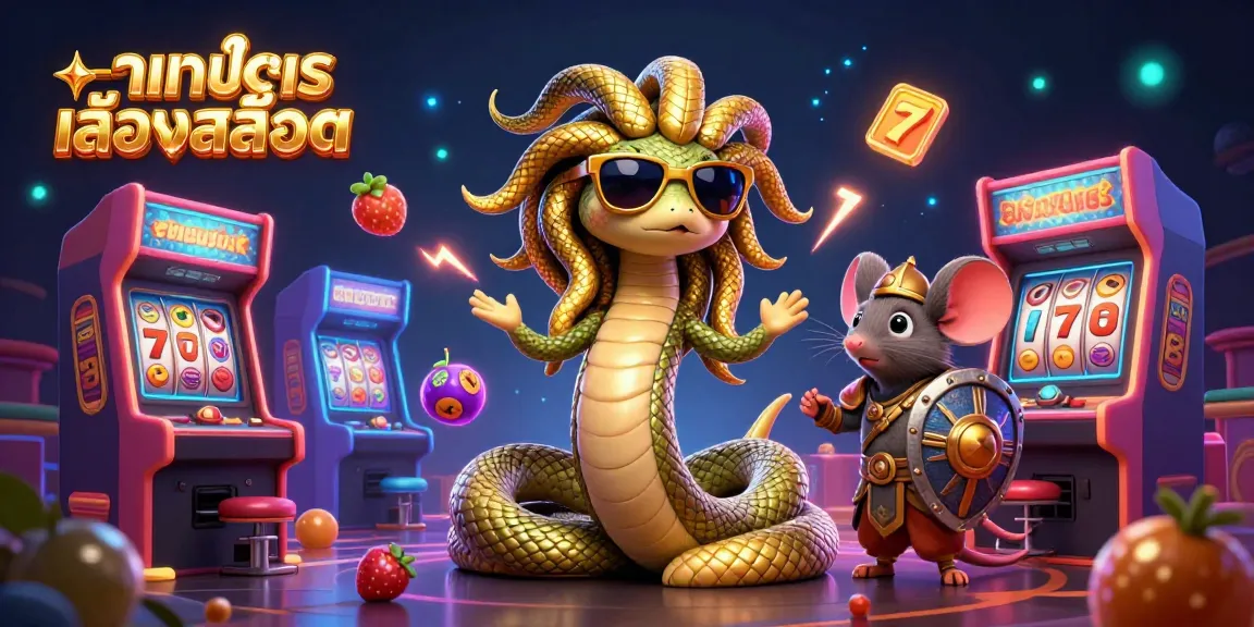 Play ทดลองเล่นสล็อต with colorful casino elements, including slot reels and friendly characters, in vibrant 3D.
