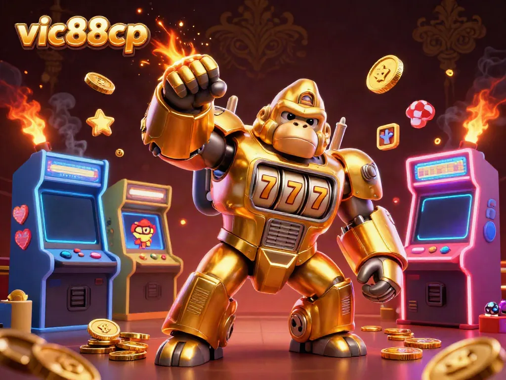 Experience the excitement of vic88cp with golden gorilla mech and vibrant gambling elements.