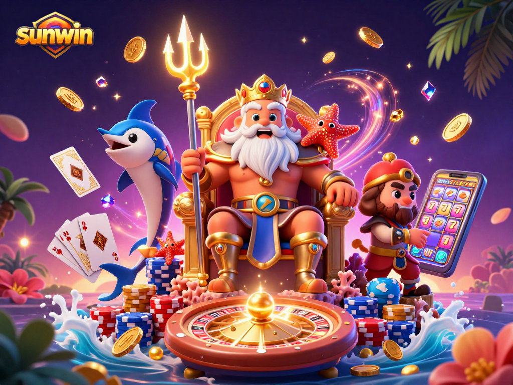 Engage in the thrilling sunwin experience with Neptune and vibrant casino elements highlighting wins.