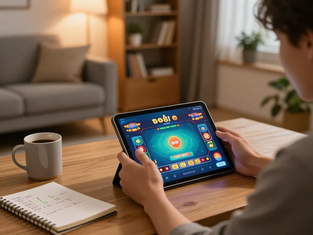 Engaged player enjoying game go8 on a tablet in a cozy home gaming environment with strategic notes