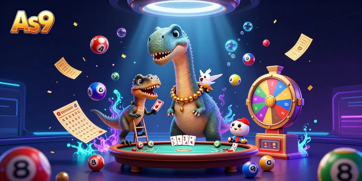 As9 engages players with a whimsical casino scene featuring vibrant lottery balls and dynamic characters.