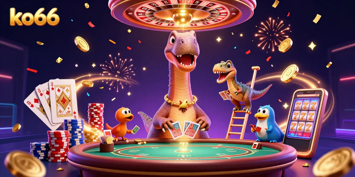 Engage with gaming action at ko66 featuring a giant brontosaurus overseeing card deals amidst dazzling slots and casino elements.