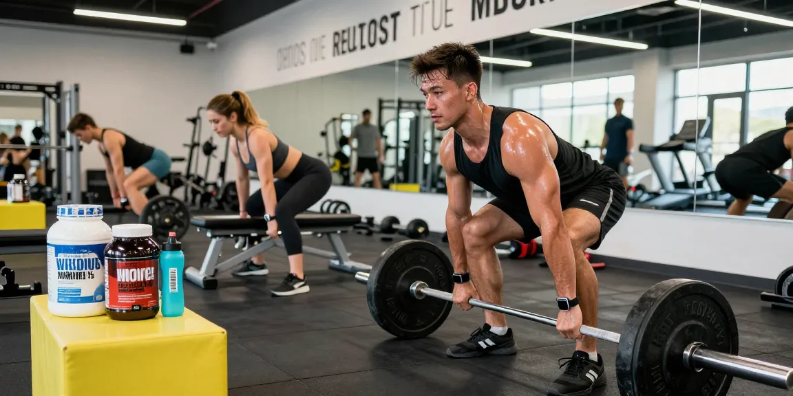 Energiegeladene Fitnessszene im Anabolika Shop Deutschland, die Bodybuilder beim Training mit Gewichten zeigt, proteinreiche Ergänzungen sichtbar, motivierende Atmosphäre.