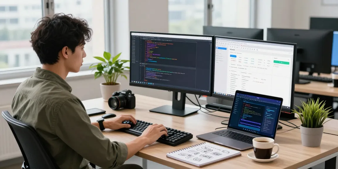 Build internal tools with AI in a modern tech workspace showcasing a developer working on an innovative project.