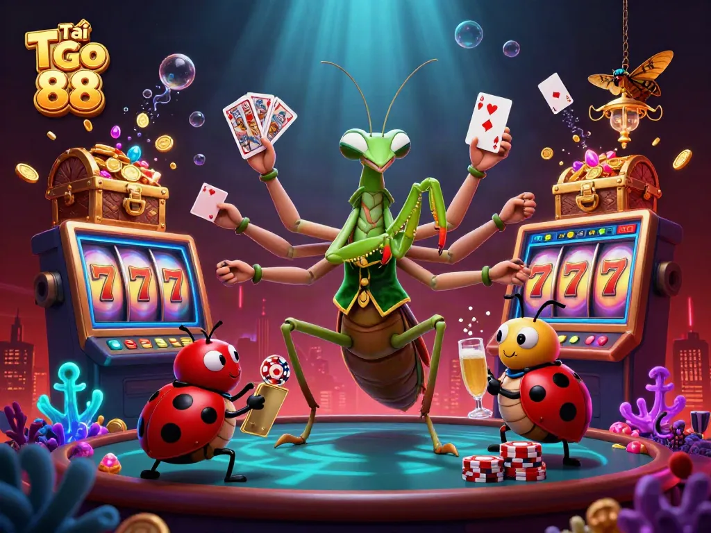 Tải Go 88 with a giant praying mantis card sharp surrounded by vibrant casino elements.