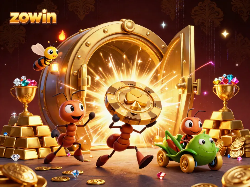 Zowin game-themed artwork featuring ants heisting a giant poker chip in a vivid casino adventure