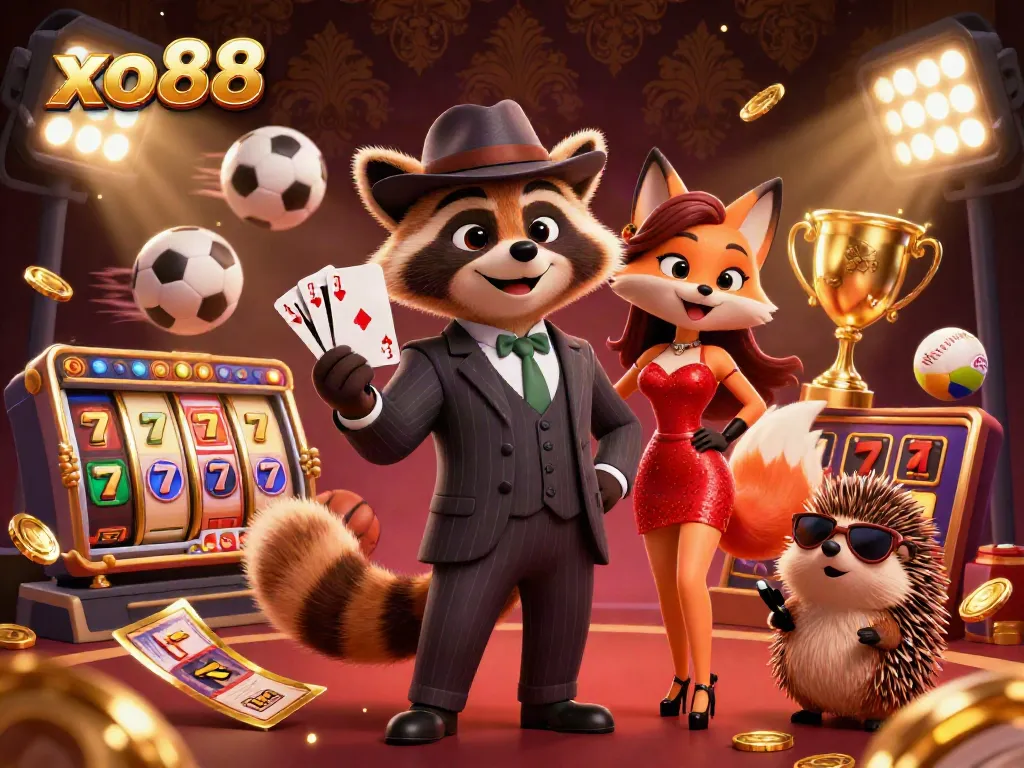 Experience high-stakes fun at xo88 with a raccoon in a suit holding a royal flush amid vibrant casino elements.