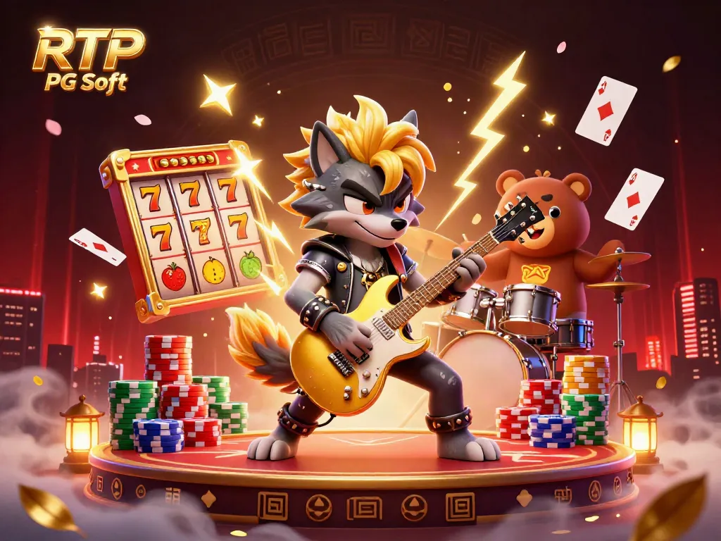 Experience RTP PG Soft through a vibrant 3D casino scene featuring a rock star wolf and drummer bear amidst slot reels and poker elements.