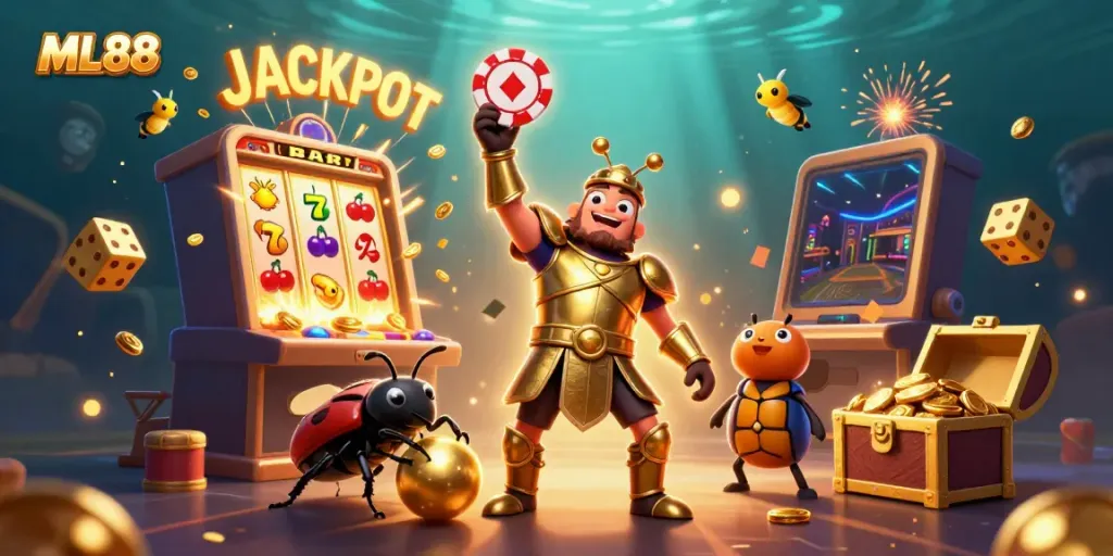 ML88 promotion illustration featuring cartoon beetles in gladiator armor and jackpot elements