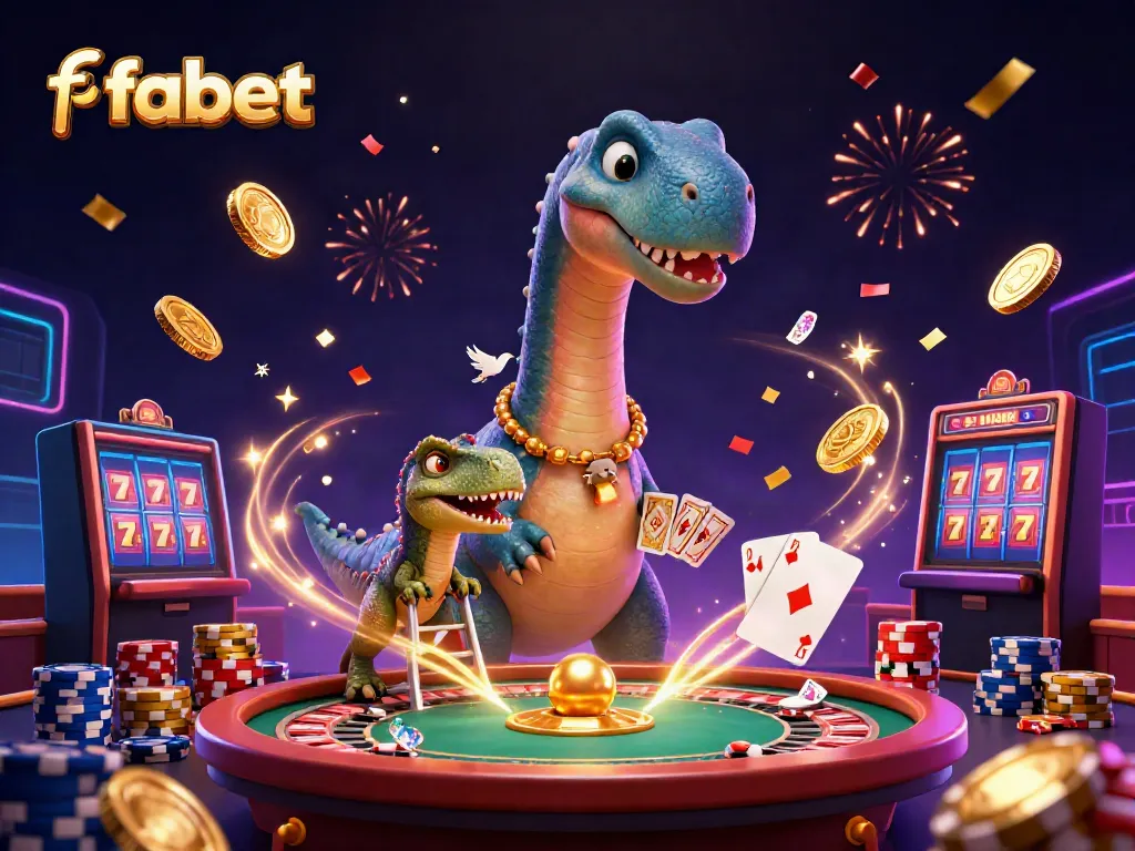 Experience the excitement of fabet's online casino with a vibrant 3D cartoon scene filled with dynamic characters and gambling elements.