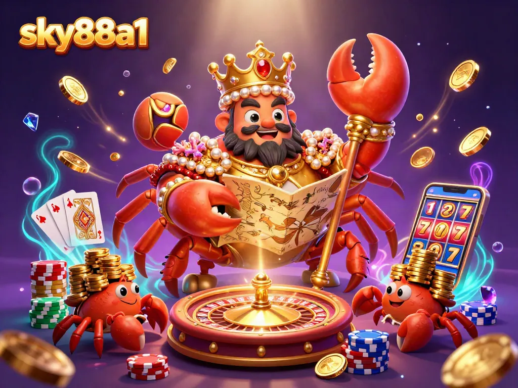 Experience mega wins at sky88a1 with a golden crab emperor overseeing a glorious casino scene.