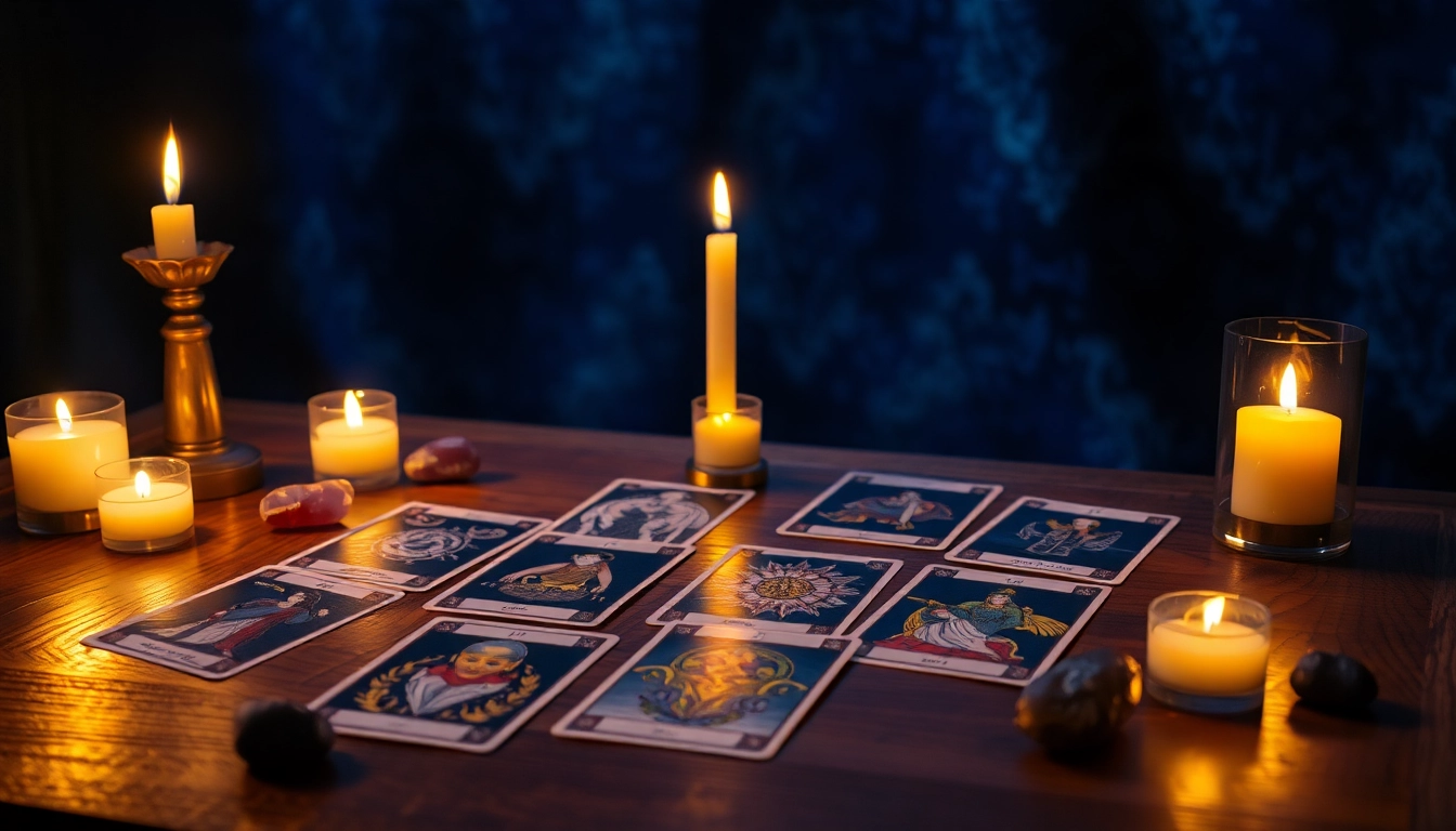 Entdecken Sie die Bedeutung der Tarotkarten mit einem mystischen Deck und Kerzen.