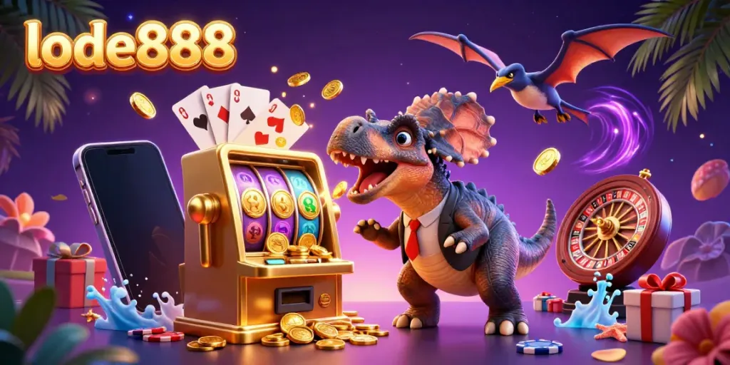 Engaging 3D illustration showcasing lode888 with a dinosaur interacting with a slot machine, emphasizing vibrant casino elements.