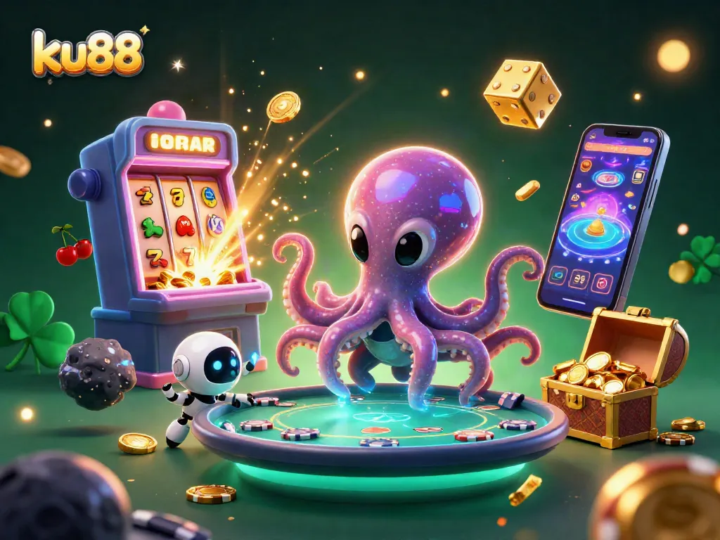ku88 showcases an exciting alien octopus at a vibrant poker table surrounded by captivating slot game elements.