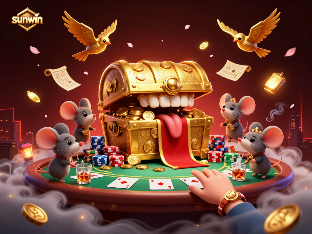 Engage with sunwin casino games featuring a dynamic 3D treasure chest scene and vibrant poker elements.