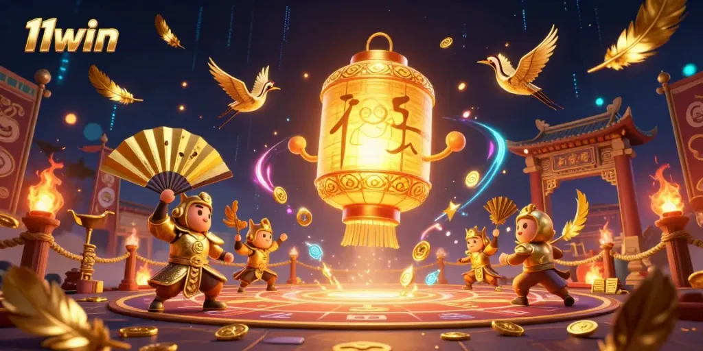 Experience the excitement of 11win in a magical 3D casino scene with a glowing lantern spirit and vibrant game elements.