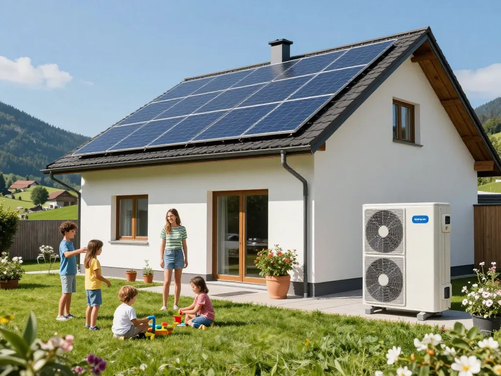 Photovoltaik Bayern - Modernes Zuhause mit Solarpaneelen und Wärmepumpe in der bayerischen Landschaft.