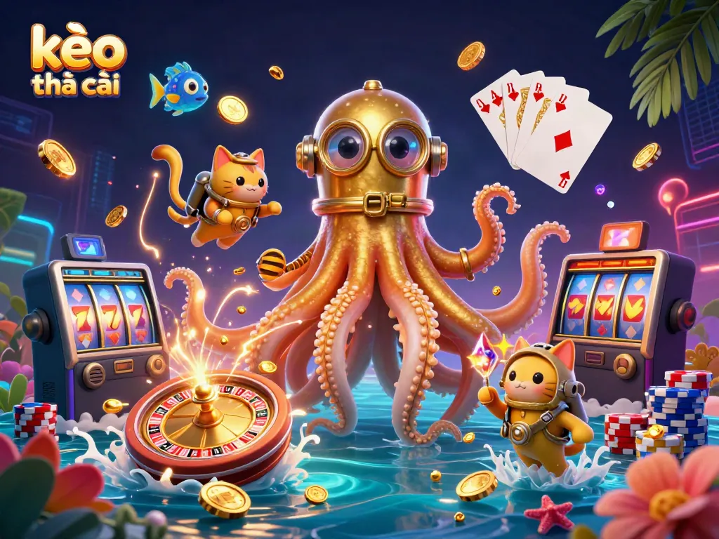 Engage with kèo nhà cái in a vibrant 3D sea-themed casino scene featuring a kraken, diving cat, and glowing fish.