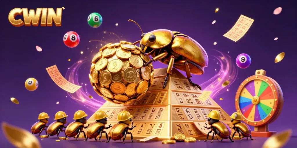 Experience CWIN excitement as a golden dung beetle rolls coins up a pyramid, surrounded by lottery elements.