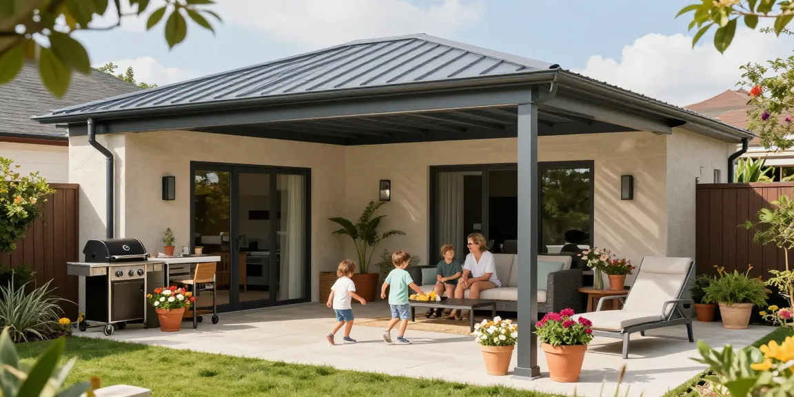 Moderne Terrassenüberdachung mit Familie im Garten genießen