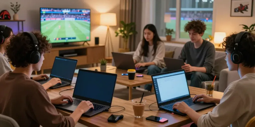 Online gaming experience on https://sky88tg.com/ with diverse group enjoying their devices