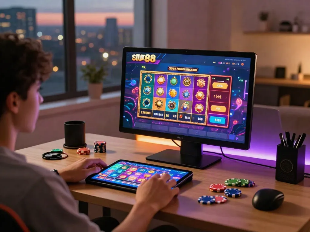 Engaging scene of a user playing slot88 games on a tablet, showcasing vibrant graphics.
