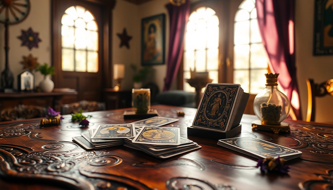 Die tarotkarten bedeutung auf einem eleganten Holztisch mit symbolischen Elementen.