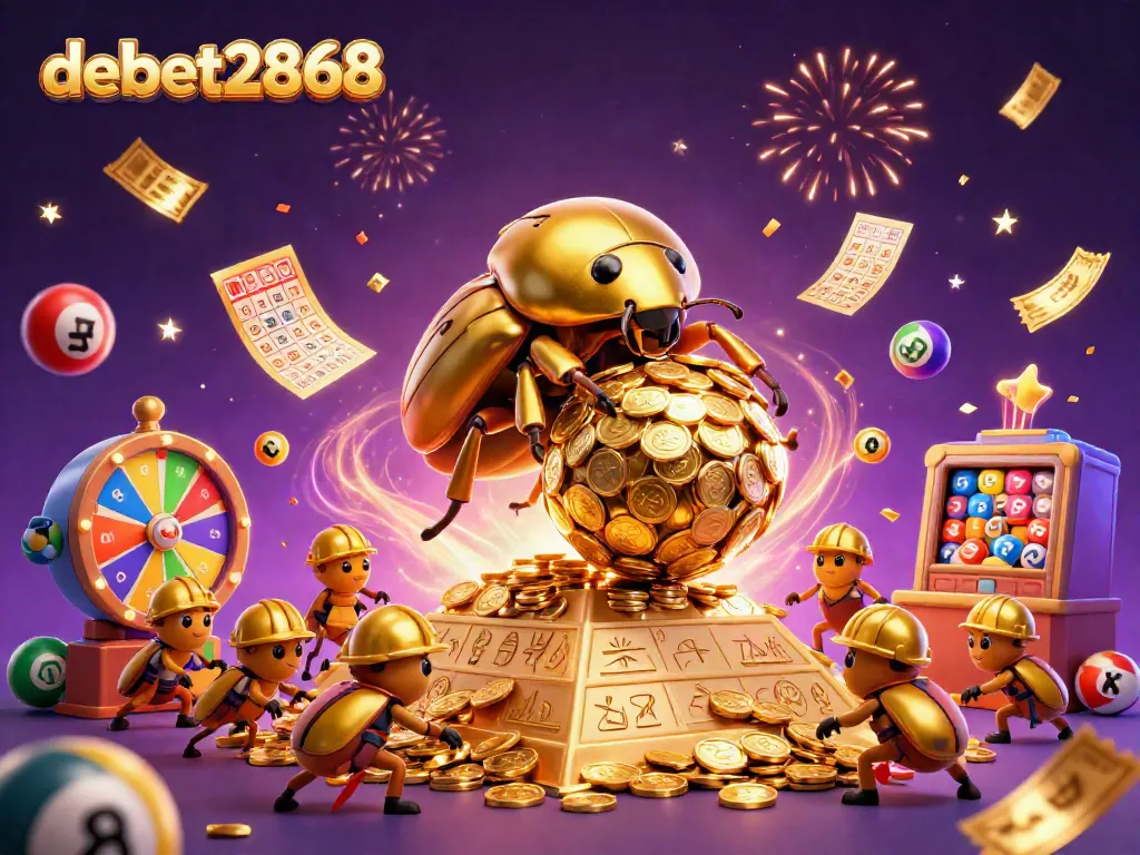 Experience the thrill of debet2868 with a massive golden beetle rolling coins, surrounded by lottery excitement!
