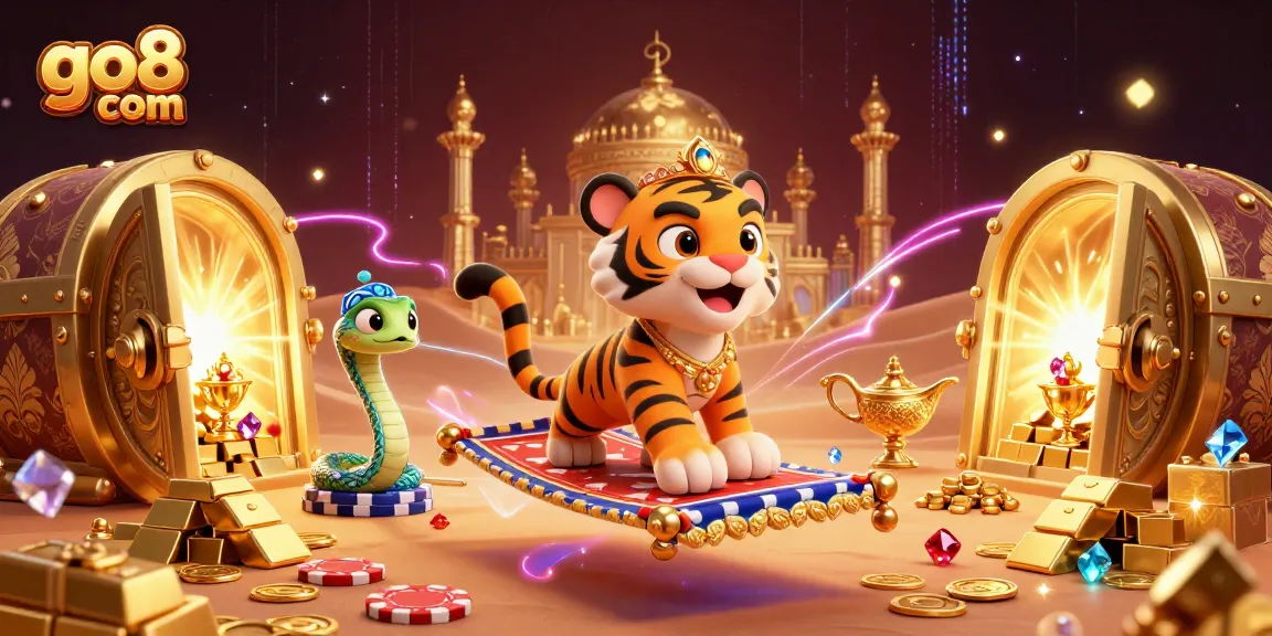 Experience the thrill of go8 com with a vibrant casino scene featuring a magical sultan and treasure elements.